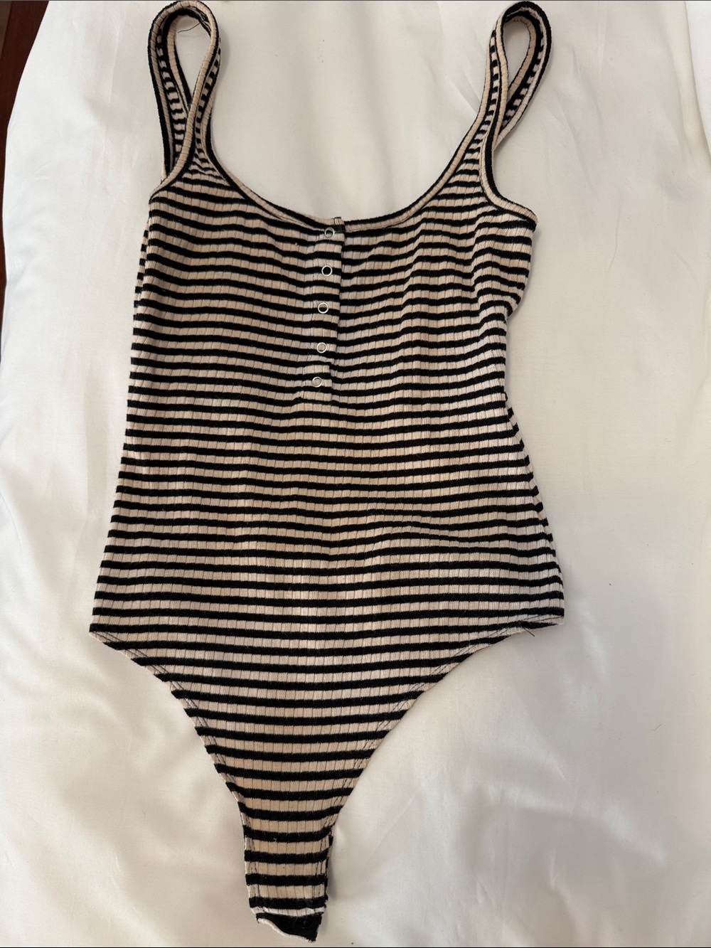Privacy Please Black and Cream Ribbed Striped Bodysuit